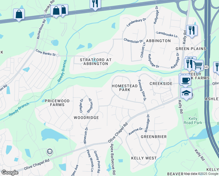 map of restaurants, bars, coffee shops, grocery stores, and more near 712 Homestead Park Drive in Apex