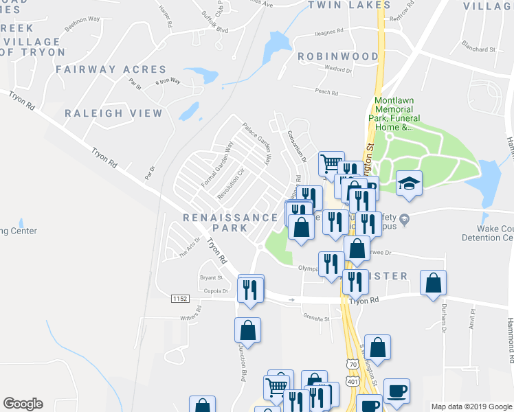 map of restaurants, bars, coffee shops, grocery stores, and more near 516 Dragby Lane in Raleigh