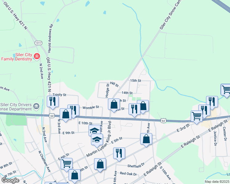 map of restaurants, bars, coffee shops, grocery stores, and more near 1311 Martin Luther King Junior Boulevard in Siler City