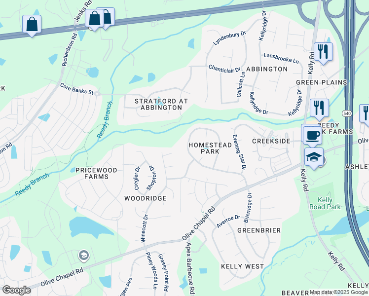 map of restaurants, bars, coffee shops, grocery stores, and more near 712 Homestead Park Drive in Apex
