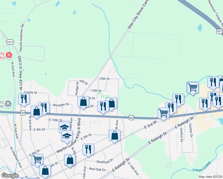 map of restaurants, bars, coffee shops, grocery stores, and more near 1111 14th Street in Siler City