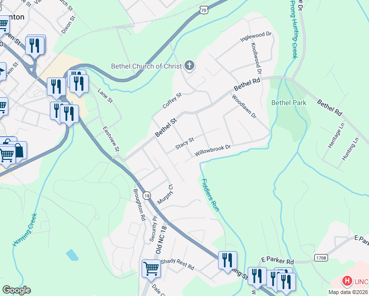 map of restaurants, bars, coffee shops, grocery stores, and more near 201 Lackey Street in Morganton