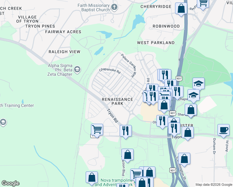 map of restaurants, bars, coffee shops, grocery stores, and more near 1352 Palace Garden Way in Raleigh
