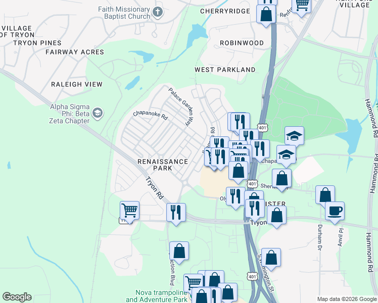 map of restaurants, bars, coffee shops, grocery stores, and more near 1323 Still Monument Way in Raleigh