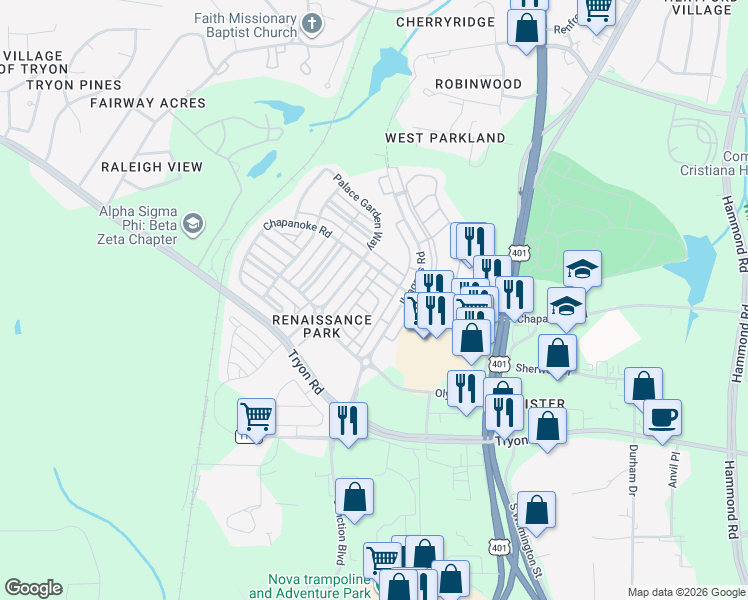 map of restaurants, bars, coffee shops, grocery stores, and more near 1323 Still Monument Way in Raleigh
