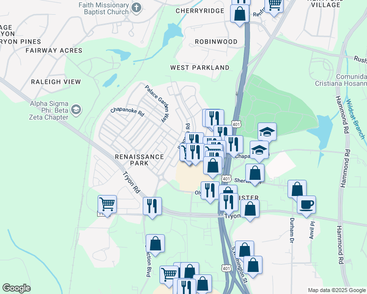 map of restaurants, bars, coffee shops, grocery stores, and more near 1303 Ileagnes Road in Raleigh