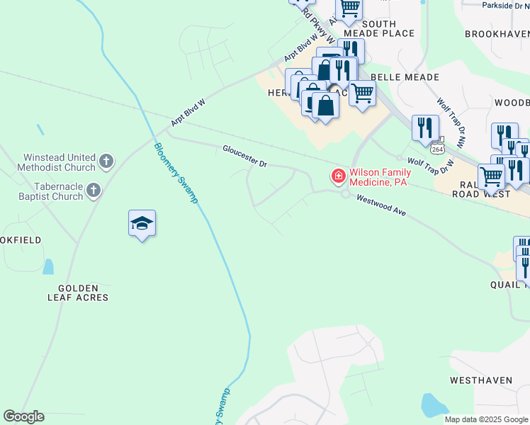 map of restaurants, bars, coffee shops, grocery stores, and more near 3837 Althorp Drive West in Wilson