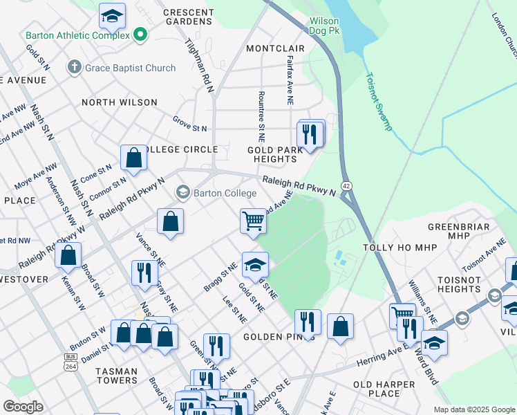 map of restaurants, bars, coffee shops, grocery stores, and more near 600 Clark Avenue Northeast in Wilson