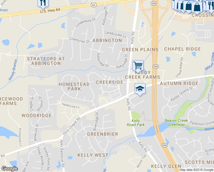 map of restaurants, bars, coffee shops, grocery stores, and more near 103 Windy Creek Lane in Apex