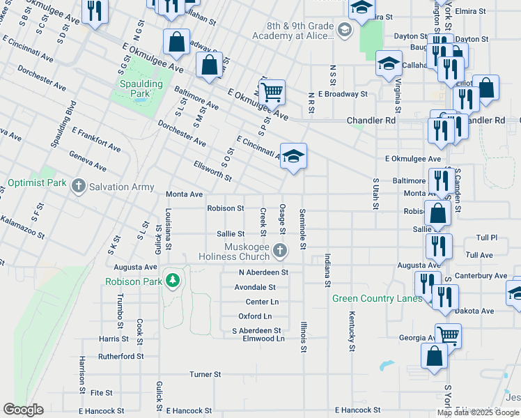 map of restaurants, bars, coffee shops, grocery stores, and more near 803 Creek Street in Muskogee