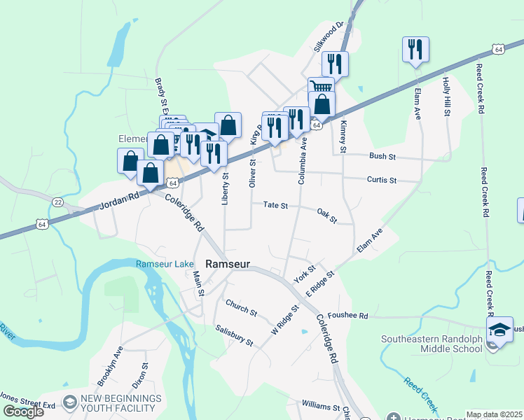 map of restaurants, bars, coffee shops, grocery stores, and more near 575 Tate Street in Ramseur