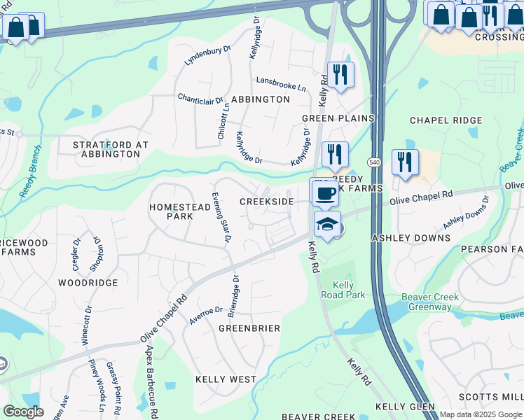 map of restaurants, bars, coffee shops, grocery stores, and more near 105 Windy Creek Lane in Apex