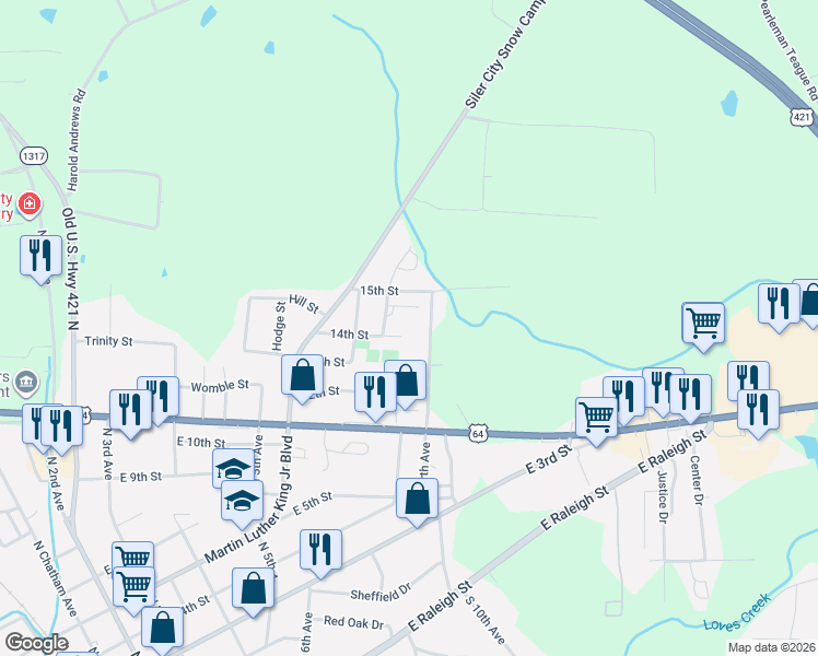 map of restaurants, bars, coffee shops, grocery stores, and more near 1111 14th Street in Siler City