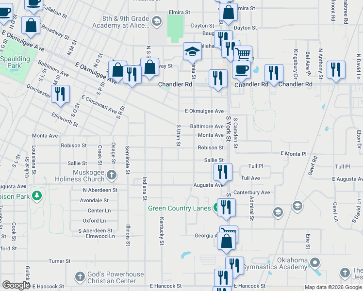 map of restaurants, bars, coffee shops, grocery stores, and more near 2119 Robison Street in Muskogee