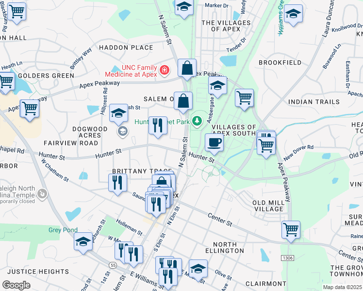 map of restaurants, bars, coffee shops, grocery stores, and more near 604 North Salem Street in Apex