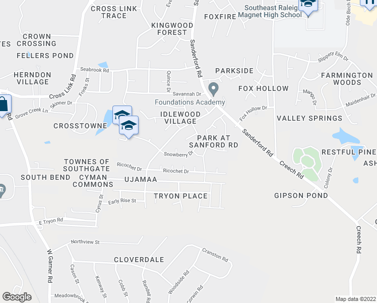 map of restaurants, bars, coffee shops, grocery stores, and more near 3322 Snowberry Drive in Raleigh