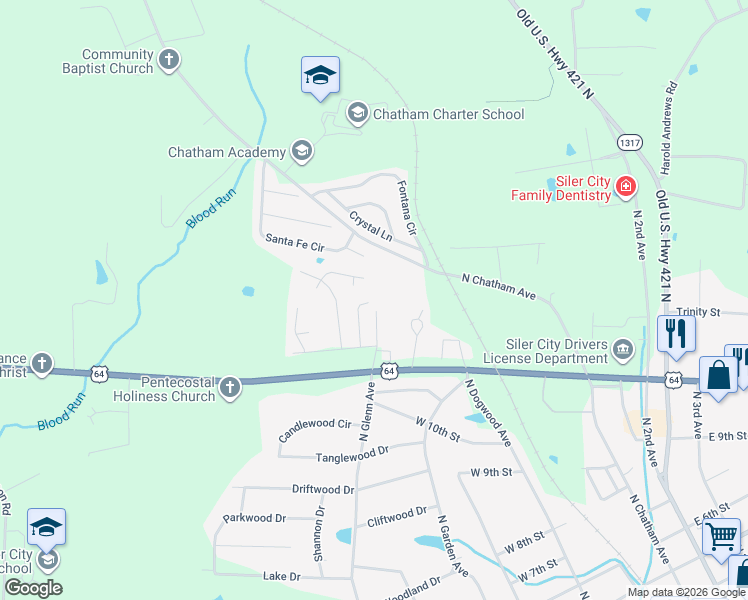 map of restaurants, bars, coffee shops, grocery stores, and more near 1318 Solo Drive in Siler City