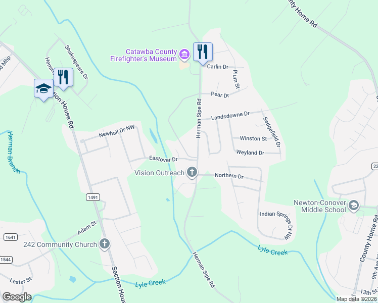 map of restaurants, bars, coffee shops, grocery stores, and more near 1402 Old Boxwood Circle in Conover