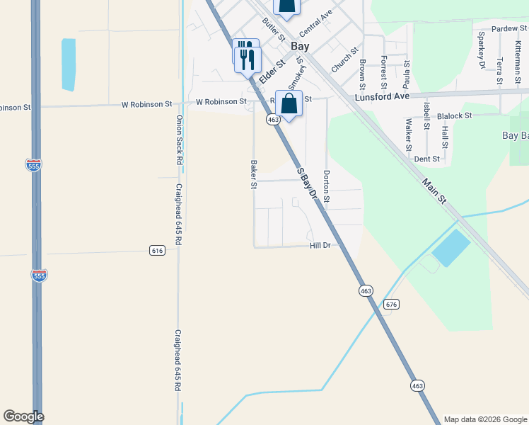 map of restaurants, bars, coffee shops, grocery stores, and more near 100 Woody Lane in Bay
