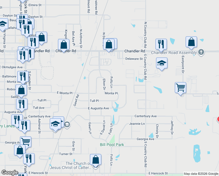 map of restaurants, bars, coffee shops, grocery stores, and more near 205 Foltz Lane in Muskogee