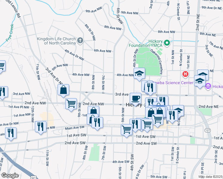 map of restaurants, bars, coffee shops, grocery stores, and more near 317 6th Street Northwest in Hickory