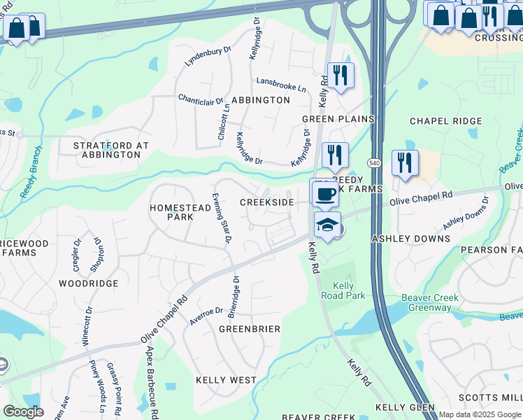 map of restaurants, bars, coffee shops, grocery stores, and more near 105 Windy Creek Lane in Apex