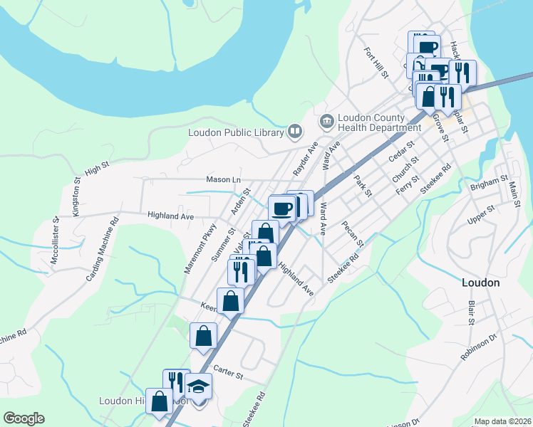 map of restaurants, bars, coffee shops, grocery stores, and more near 827 Vale Street in Loudon