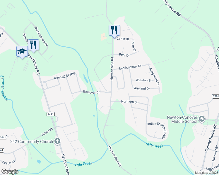 map of restaurants, bars, coffee shops, grocery stores, and more near 1402 Old Boxwood Circle in Conover