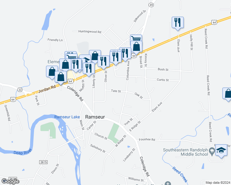 map of restaurants, bars, coffee shops, grocery stores, and more near 575 Tate Street in Ramseur