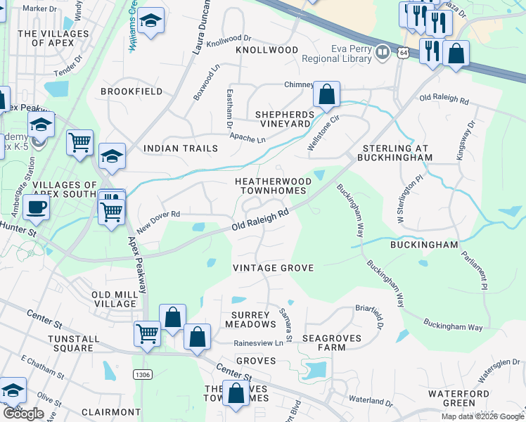 map of restaurants, bars, coffee shops, grocery stores, and more near 123 Heatherwood Drive in Apex