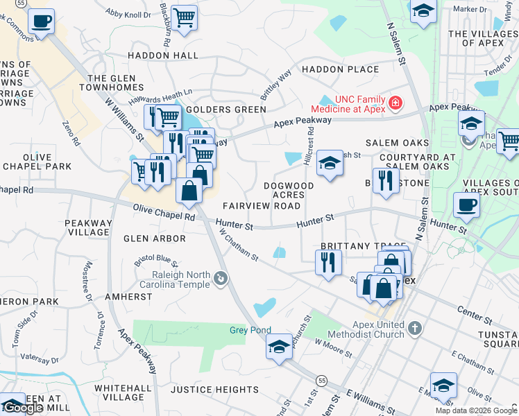 map of restaurants, bars, coffee shops, grocery stores, and more near 402 Gablefield Lane in Apex