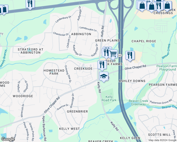 map of restaurants, bars, coffee shops, grocery stores, and more near 517 Evening Star Drive in Apex