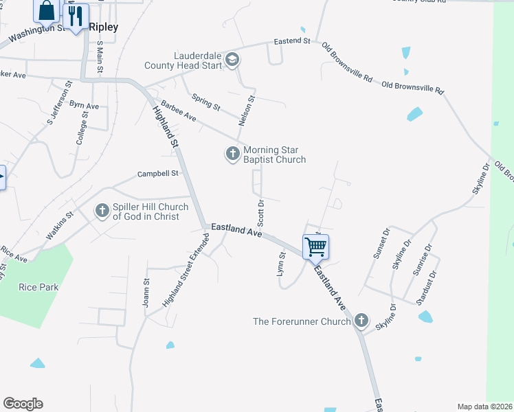 map of restaurants, bars, coffee shops, grocery stores, and more near 259 Scott Drive in Ripley