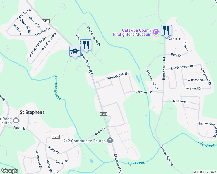map of restaurants, bars, coffee shops, grocery stores, and more near 1565 Oak Leaf Drive Northwest in Hickory