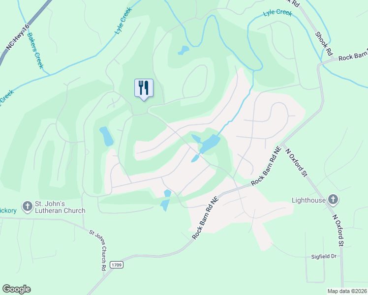 map of restaurants, bars, coffee shops, grocery stores, and more near 3691 Golf Drive Northeast in Conover