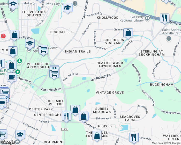 map of restaurants, bars, coffee shops, grocery stores, and more near 1005 New Dover Road in Apex