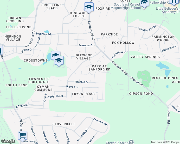 map of restaurants, bars, coffee shops, grocery stores, and more near 3405 Snowberry Drive in Raleigh