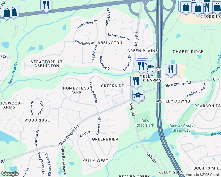 map of restaurants, bars, coffee shops, grocery stores, and more near 107 Windy Creek Lane in Apex