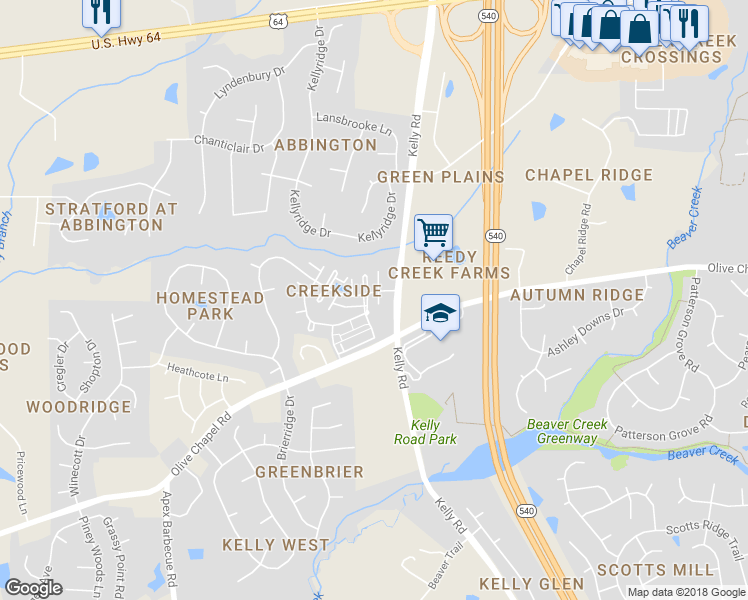 map of restaurants, bars, coffee shops, grocery stores, and more near 4995 Sunny Creek Lane in Apex