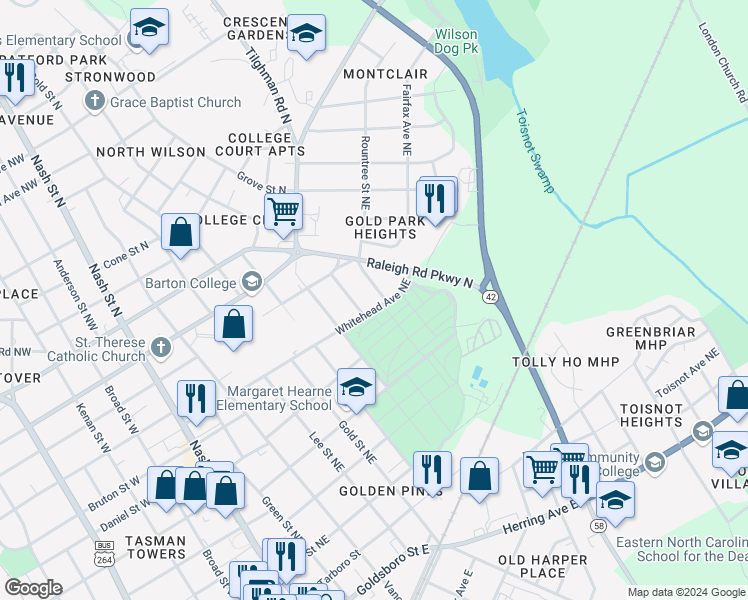 map of restaurants, bars, coffee shops, grocery stores, and more near 600 Clark Ave NE in Wilson