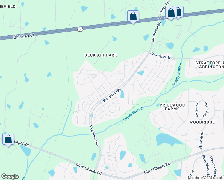 map of restaurants, bars, coffee shops, grocery stores, and more near Richardson Road in Apex