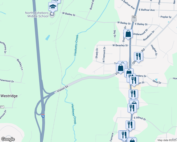 map of restaurants, bars, coffee shops, grocery stores, and more near 400 Vision Drive in Asheboro