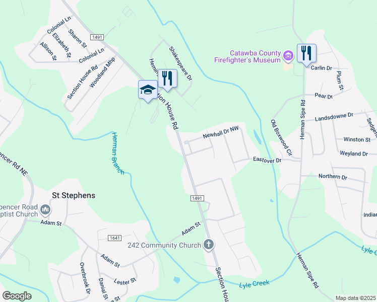 map of restaurants, bars, coffee shops, grocery stores, and more near 1615 Oak Leaf Drive Northwest in Hickory