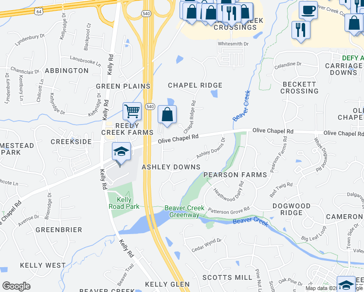 map of restaurants, bars, coffee shops, grocery stores, and more near 1521 Olive Chapel Road in Apex