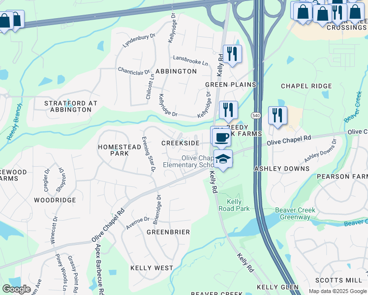 map of restaurants, bars, coffee shops, grocery stores, and more near 503 Evening Star Drive in Apex