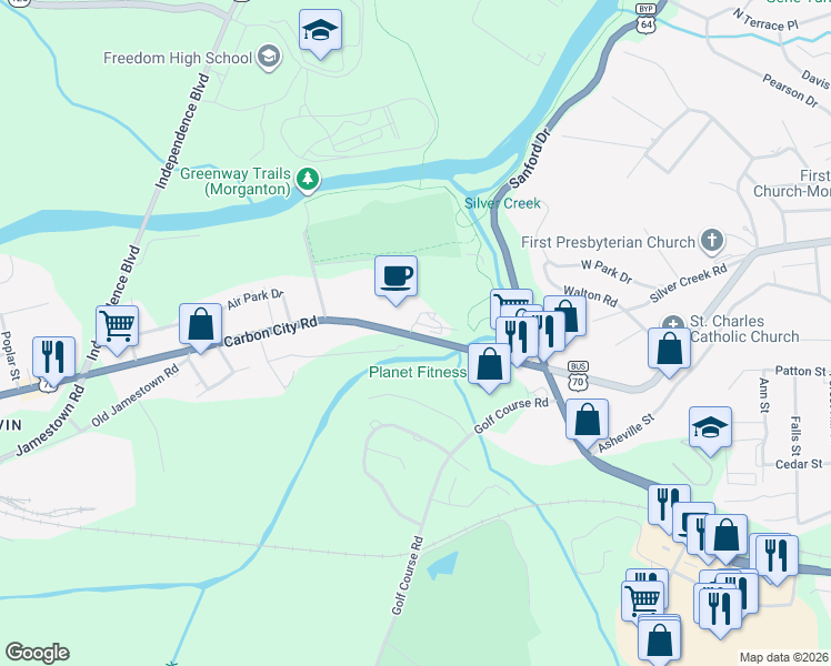 map of restaurants, bars, coffee shops, grocery stores, and more near 202-208 Carbon City Road in Morganton