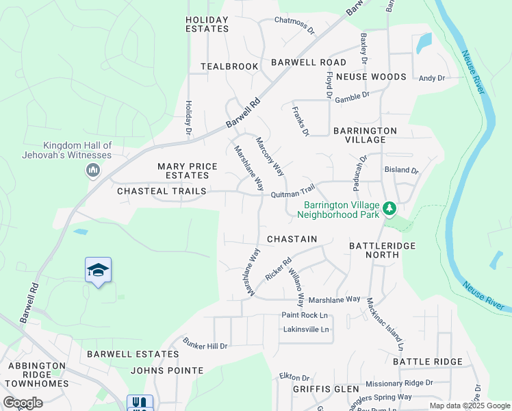 map of restaurants, bars, coffee shops, grocery stores, and more near 3312 Marshlane Way in Raleigh