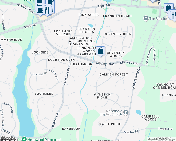 map of restaurants, bars, coffee shops, grocery stores, and more near 112 Large Oaks Drive in Cary