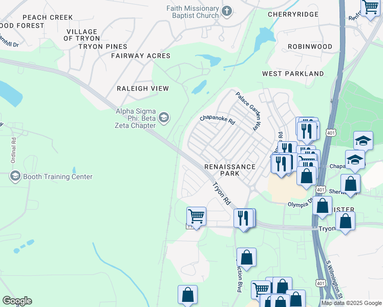 map of restaurants, bars, coffee shops, grocery stores, and more near 1140 Chapanoke Road in Raleigh
