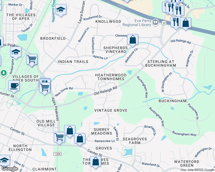 map of restaurants, bars, coffee shops, grocery stores, and more near 119 Heatherwood Drive in Apex